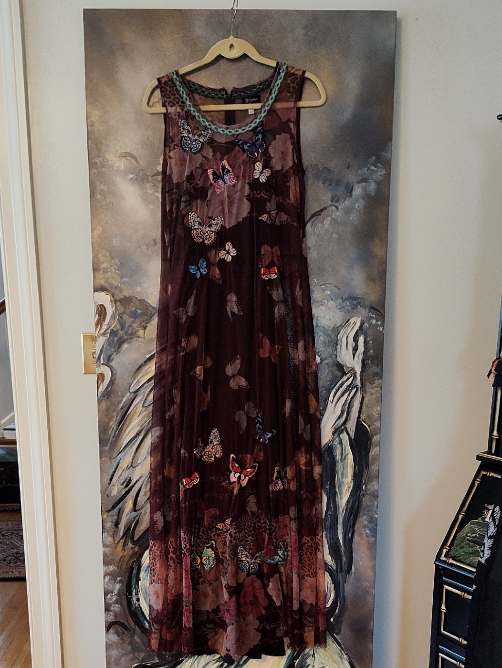 Sleeveless Biya By Johnny Was Burgundy Butterfly Mesh Maxi Dress With Slip